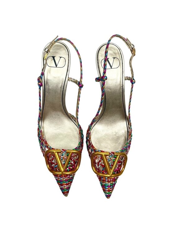 Valentino Garavani Shoes - VALENTINO Garavani Multicolor Woven Leather Vlogo Pointed Toe Slingback Sandals